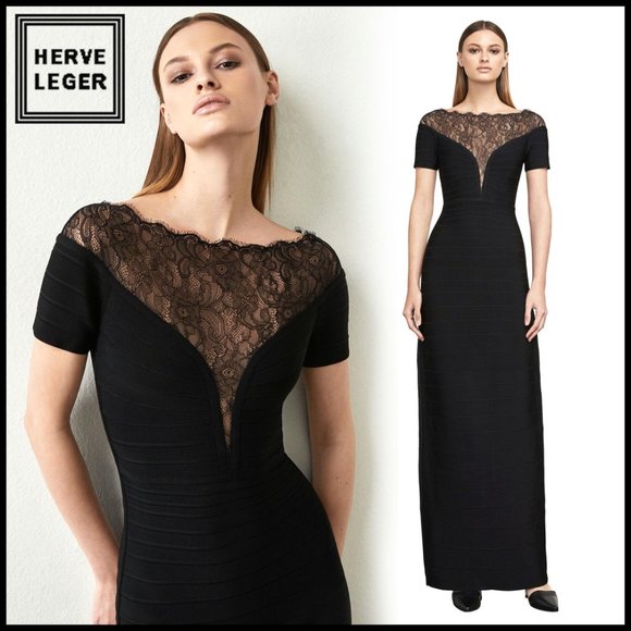 Herve Leger Black Lace Bandage Bodycon Evening Gown Long Dress Maxi - Picture 5 of 6